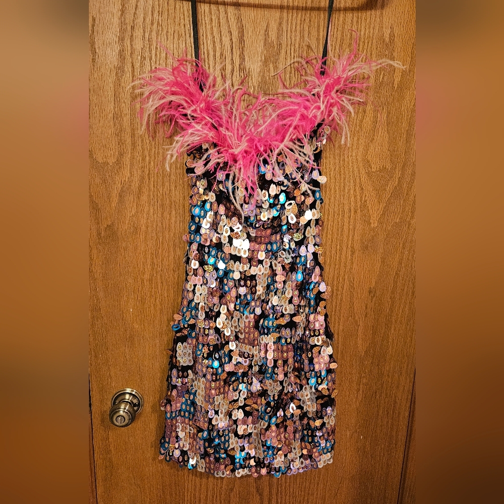 NWT Fashion Nova Wondering Eyes Feather Sequin Mini Dress Multi Color Size Large - Picture 15 of 15